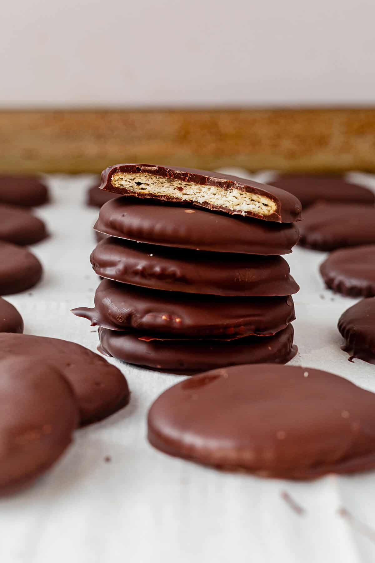 a stack of ritz thin mints on a baking sheet
