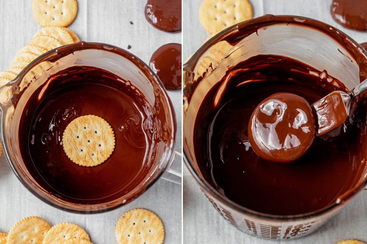 two images of a ritz cracker sitting on top of melted chocolate and then pulling a chocolate covered ritz cracker out of the melted chocolate
