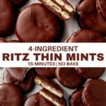 two images of a ritz thin mint broken in half and then a pile of ritz thin mints on parchment paper