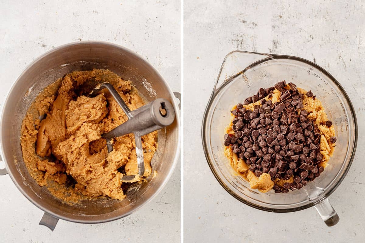 two images of brown butter cookie dough and then the dough in a bowl with chocolate chips