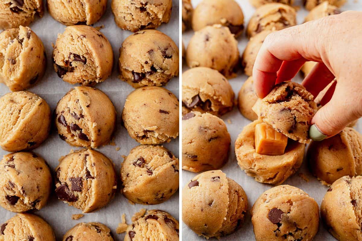 two images of brown butter chocolate chip cookie dough on a baking sheet and then stuffing caramel inside of the dough