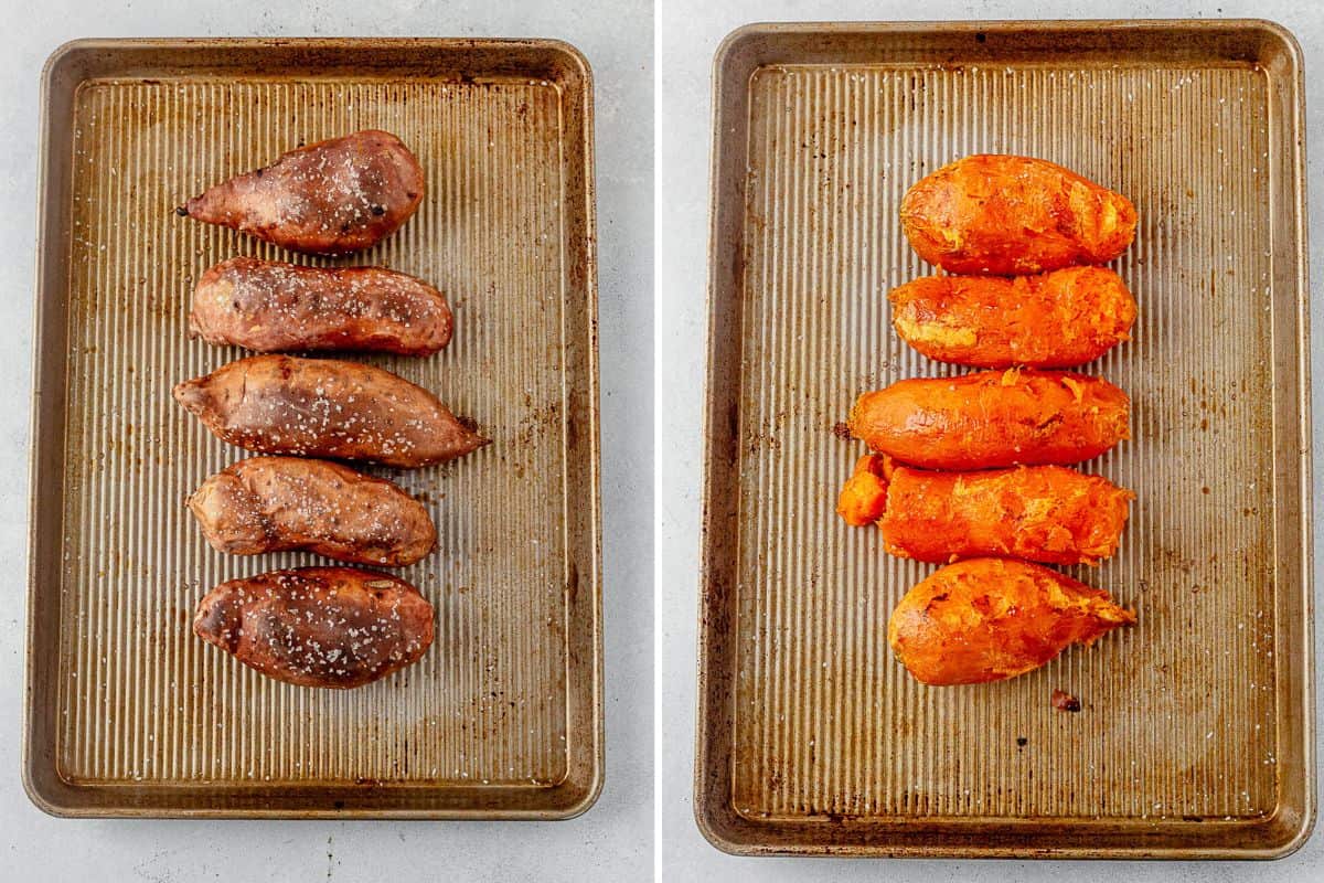 two images of roasted sweet potatoes on a pan and then the skin peeled off of them