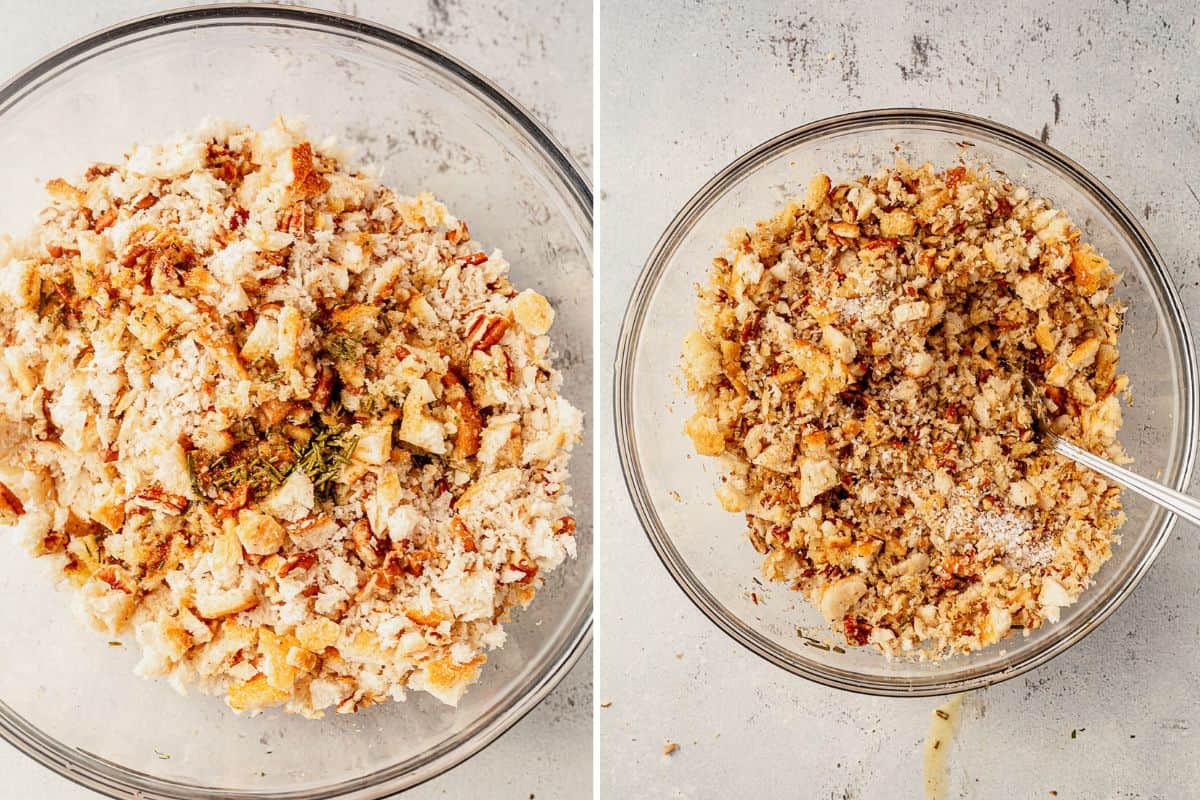 two images of sourdough bread crumbs and herbs in a bowl and then the breadcrumbs mixed with butter
