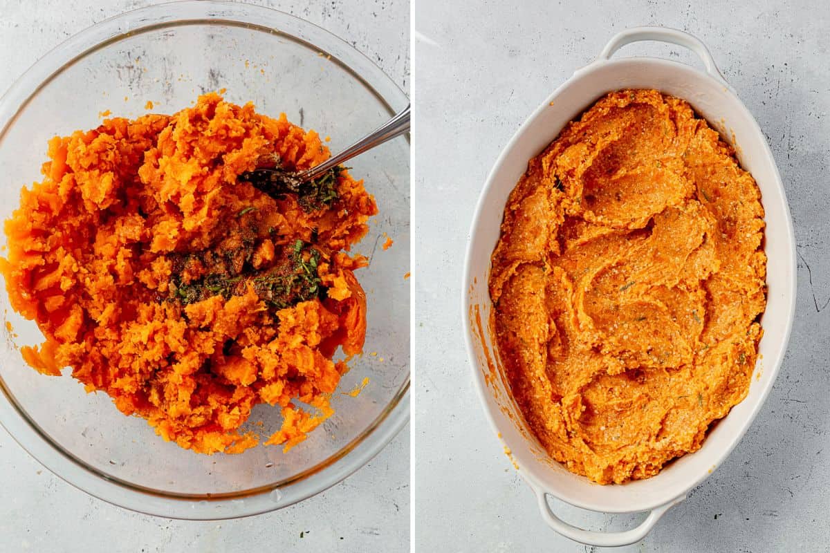 two images of mashed sweet potatoes and herbs in a bowl and then the mixture in a casserole dish