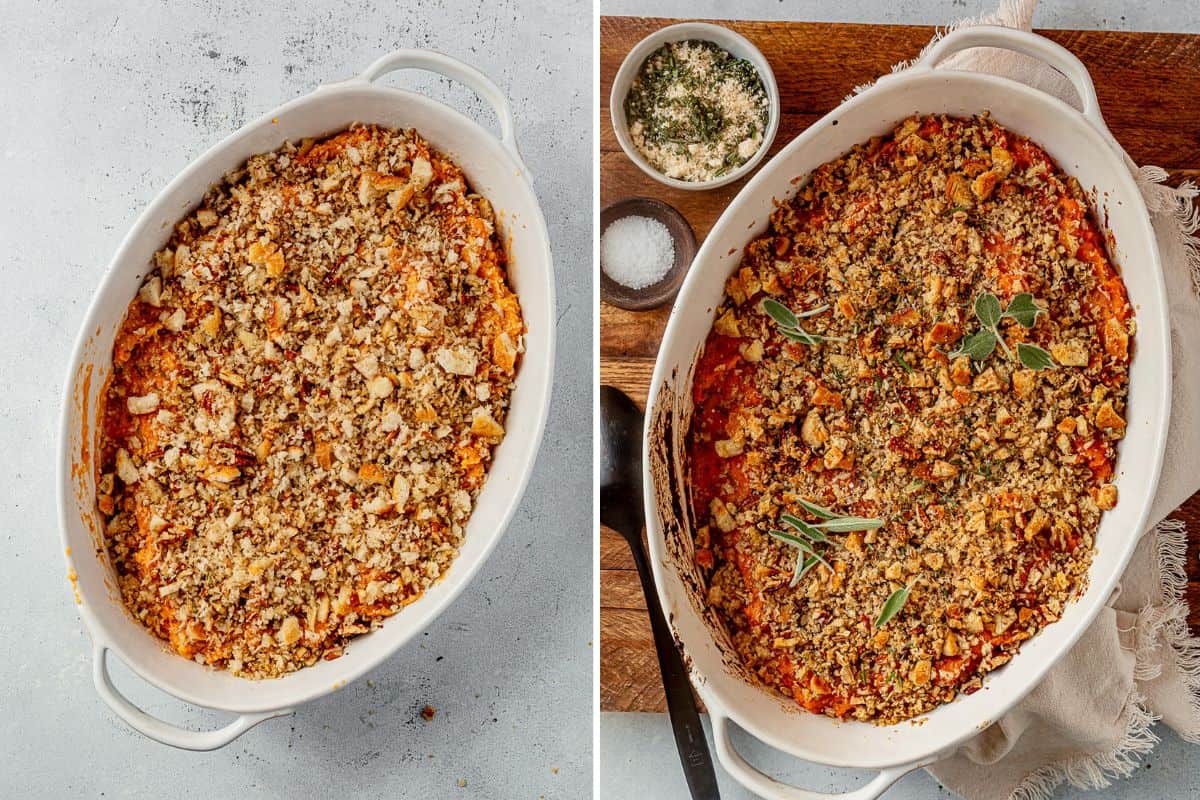 two images of unbaked savory sweet potato casserole in a dish and then it freshly baked with fresh sage