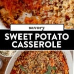 two images of a spoonful missing from savory sweet potato casserole and then the casserole in a baking dish.