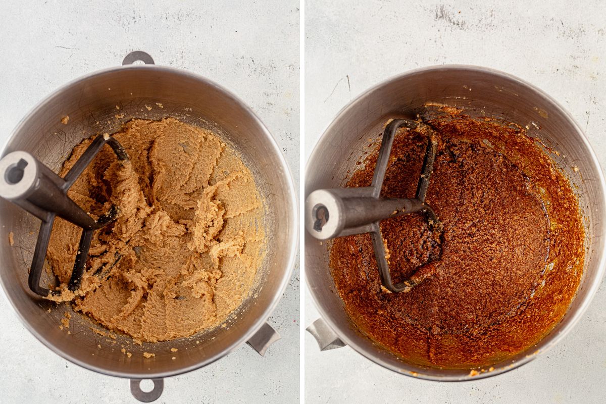 two images of butter and sugar creamed in a bowl and then molasses, eggs, and water mixed into the sugar and butter