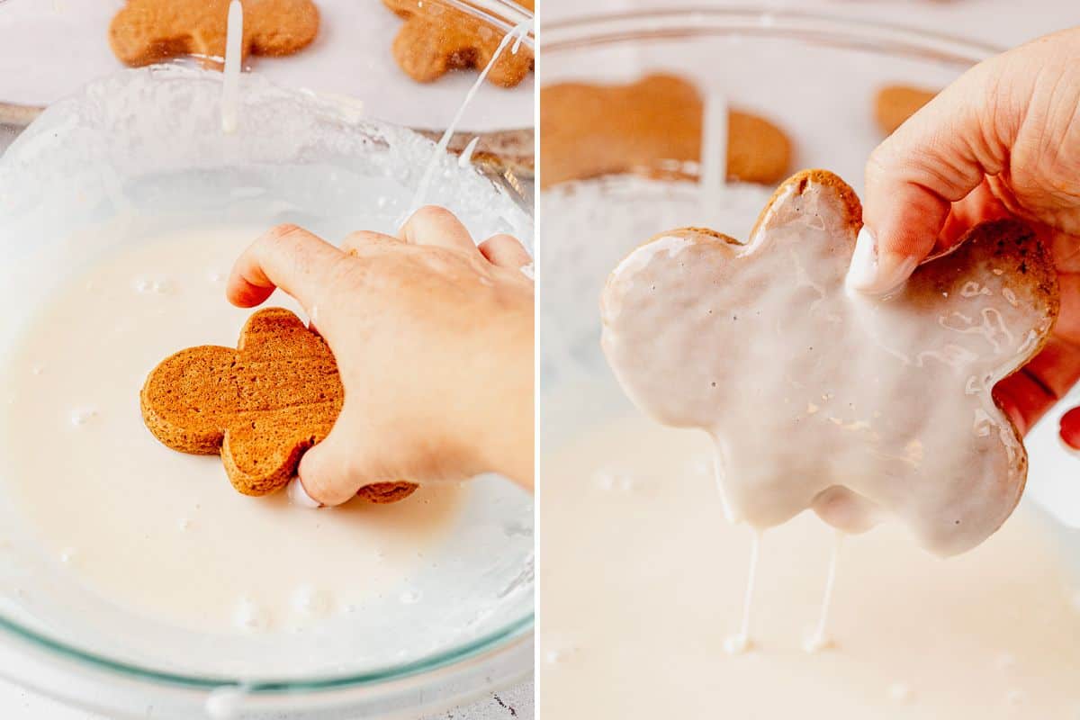 two images of dunking a soft gingerbread cookie into icing and then letting the icing drip off the baked cookie
