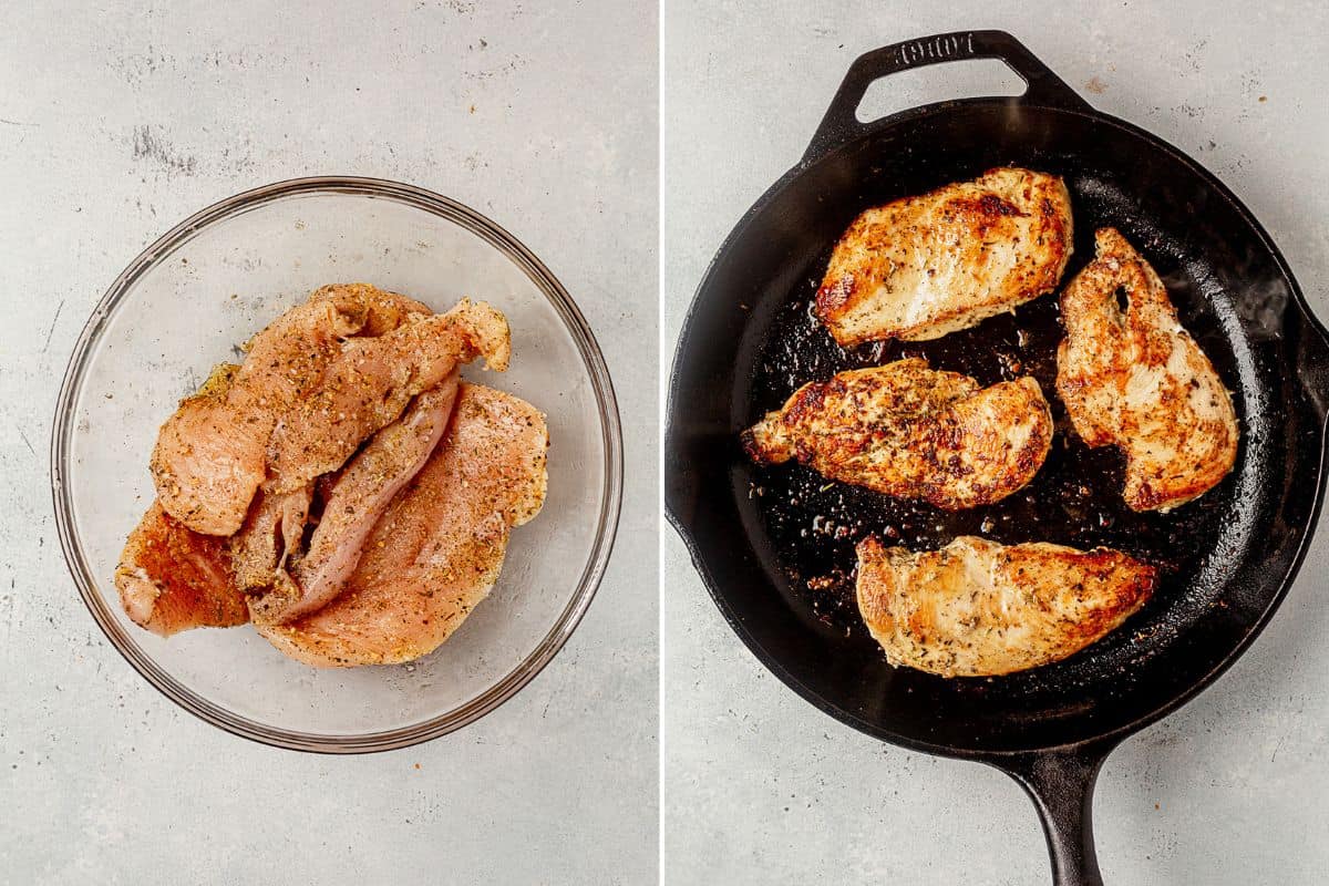 two images of seasoned chicken in a bowl and then chicken breasts seared in a skillet