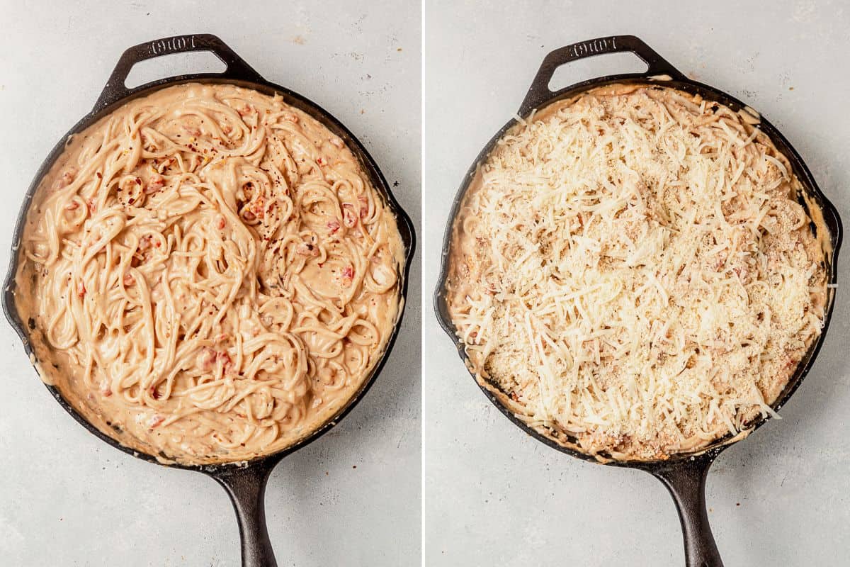 two images of creamy spaghetti chicken in a skillet and then it topped with cheese before baking
