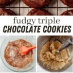 five images of triple chocolate cookies on a wire rack and then steps for how to make chocolate cookies
