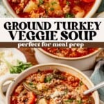 a bowl of ground turkey vegetable soup and then two bowls of soup with a spoon.