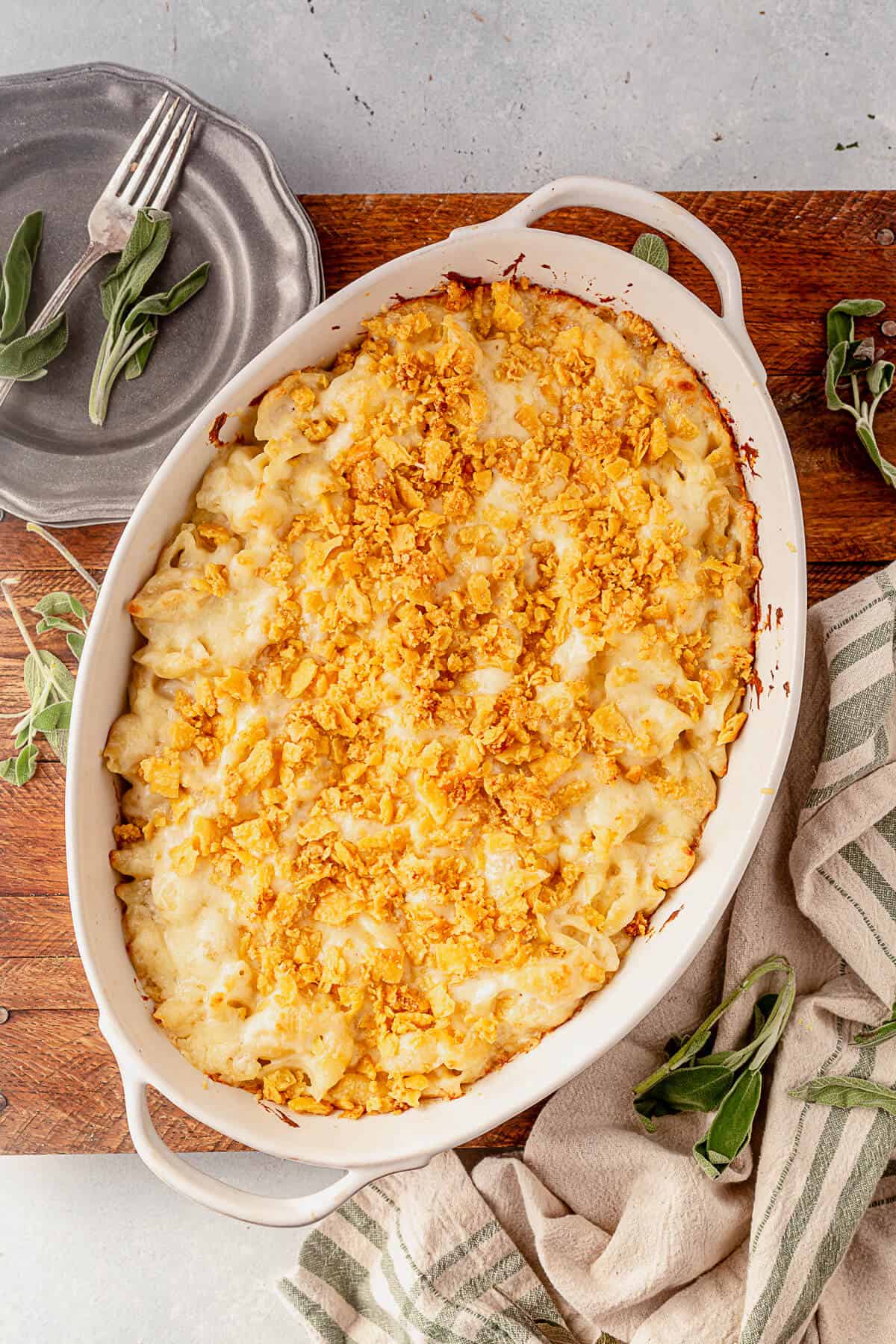 baked white cheddar mac and cheese in a casserole dish