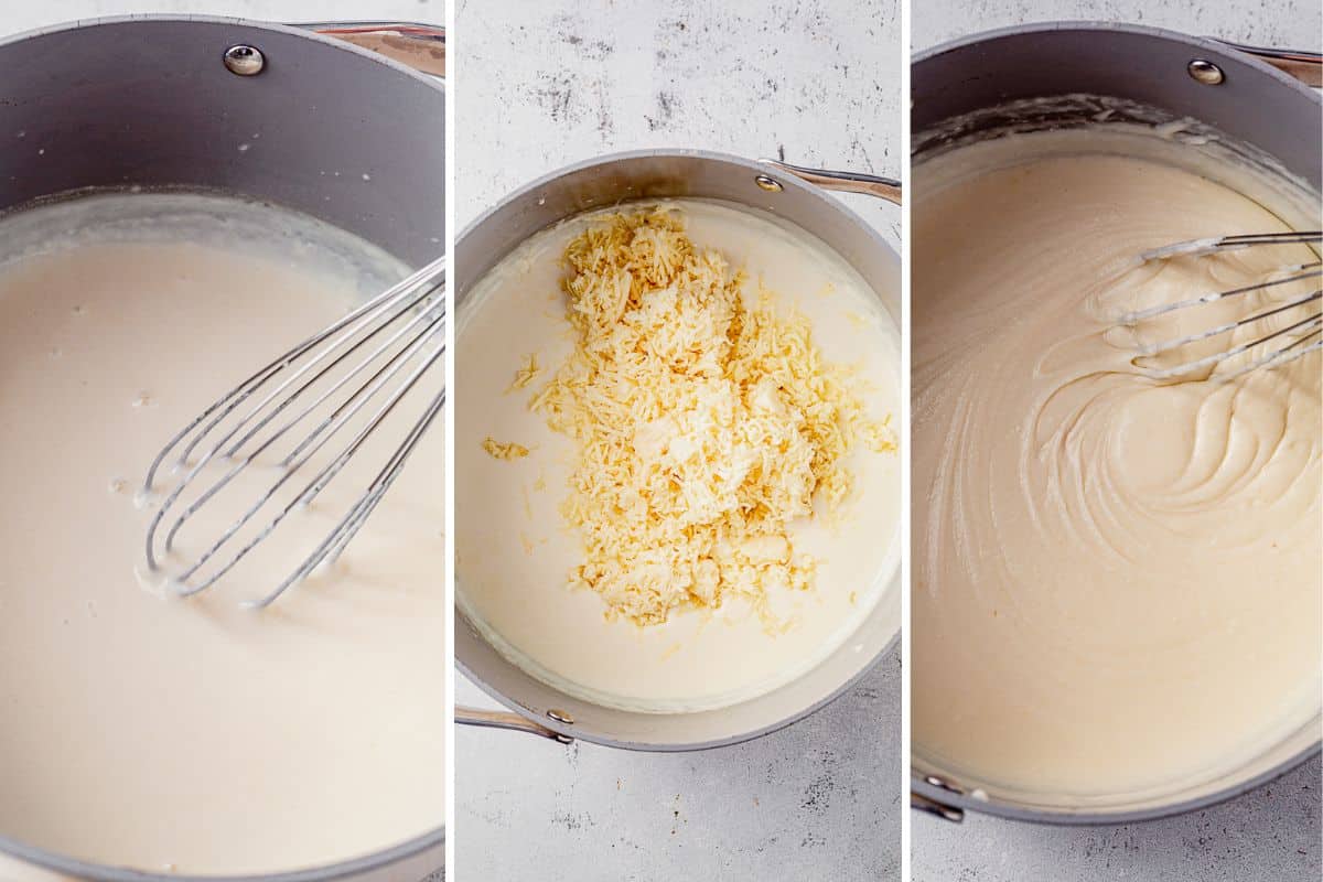 three images showing milk in a roux, cheese on top of it, and then the cheese whisked and melted in the sauce