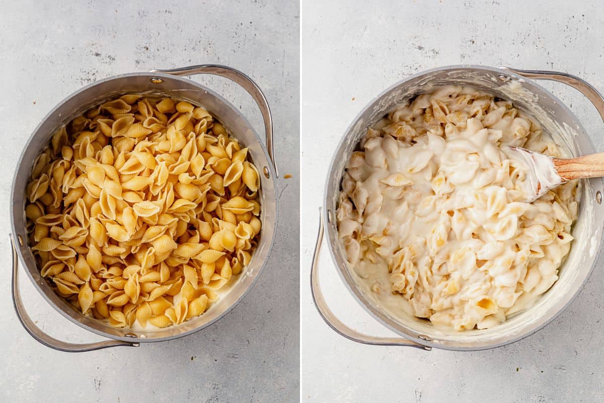 wo images showing cooked pasta shells on top of white cheese sauce and then the shells and cheese mixed together