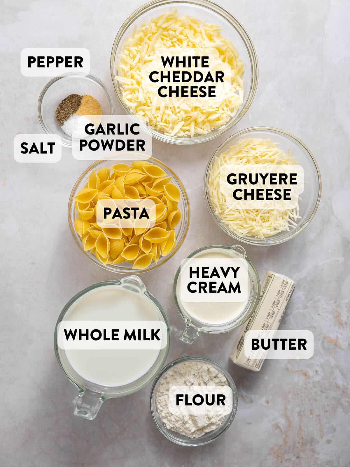 ingredients for white cheddar mac and cheese on a counter.