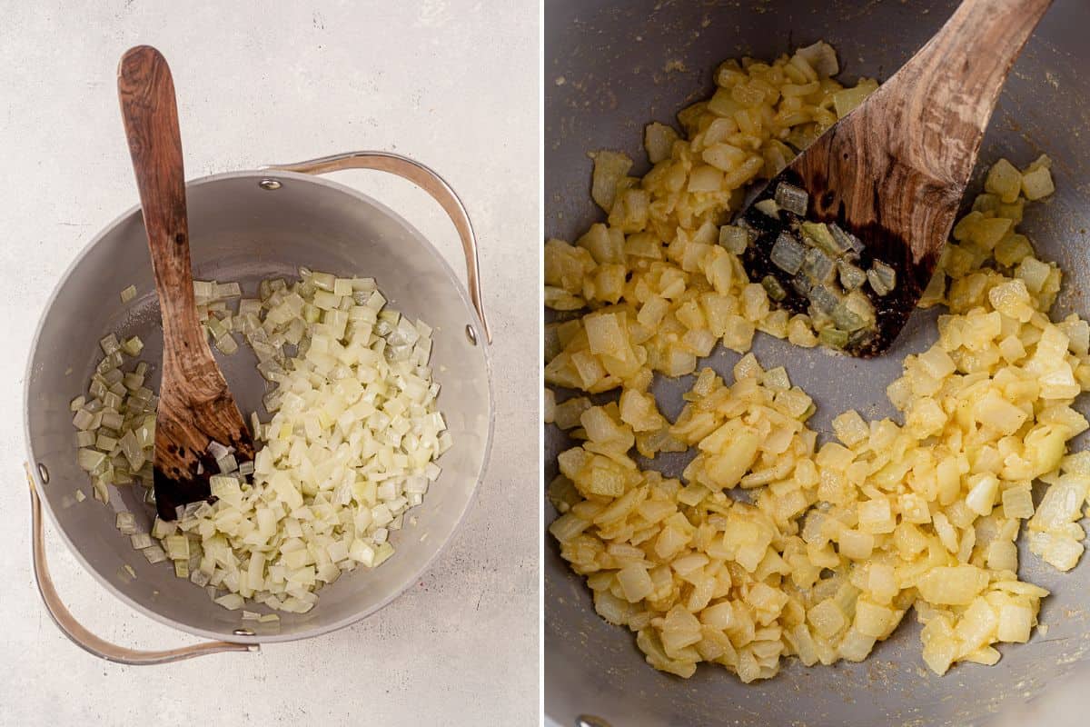 two images of sauteed onion in a pot and then butter and flour in the onions for a roux