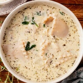 creamy white lasagna soup in a bowl