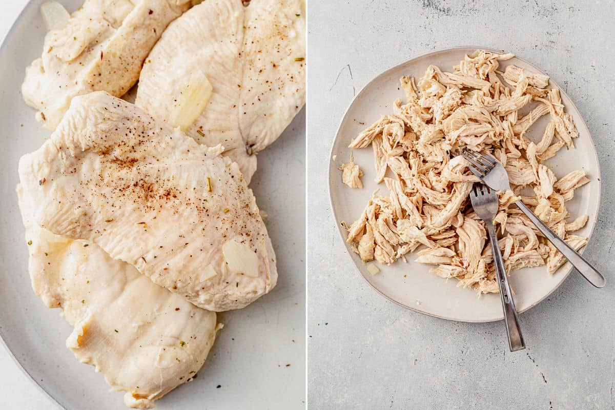 two images of poached chicken breasts and then chicken breast shredded on a plate with two forks