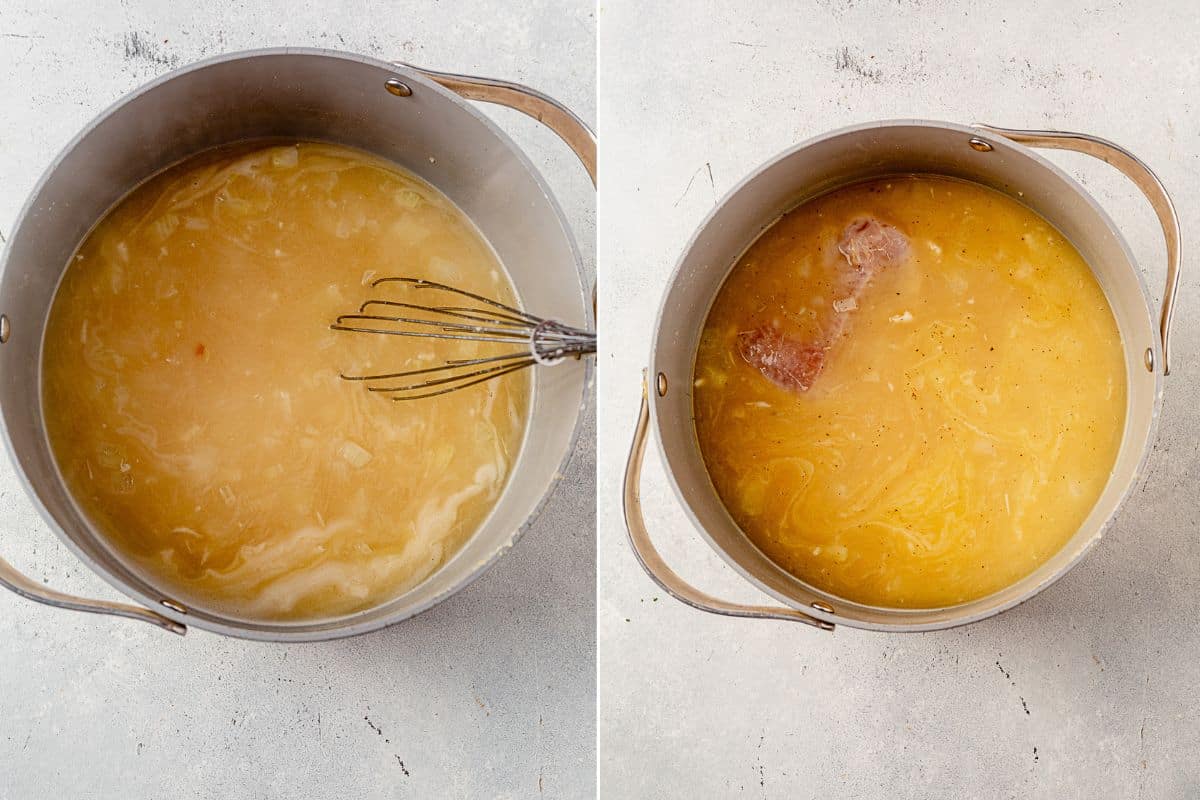 two images of chicken broth and onions in a pot and then raw chicken breasts boiling in chicken broth mixture