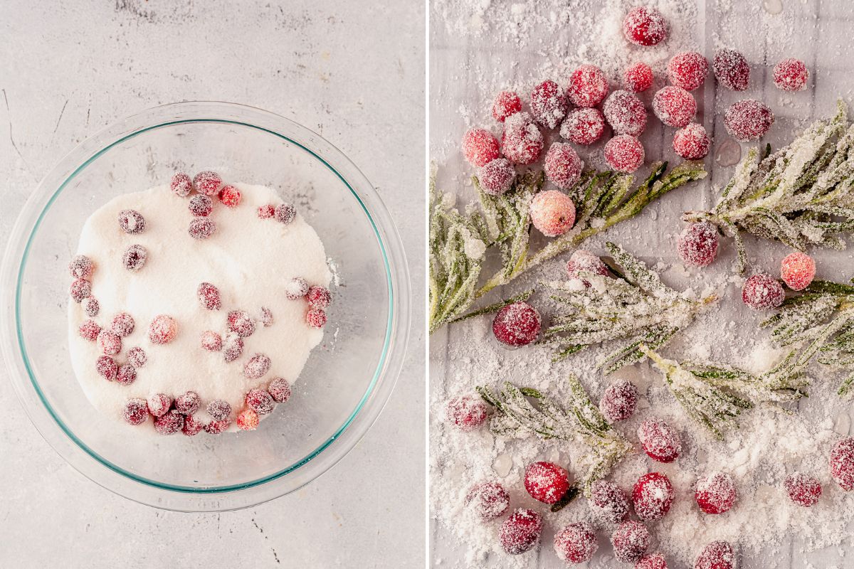 sugared cranberries in a bowl and then sugared rosemary