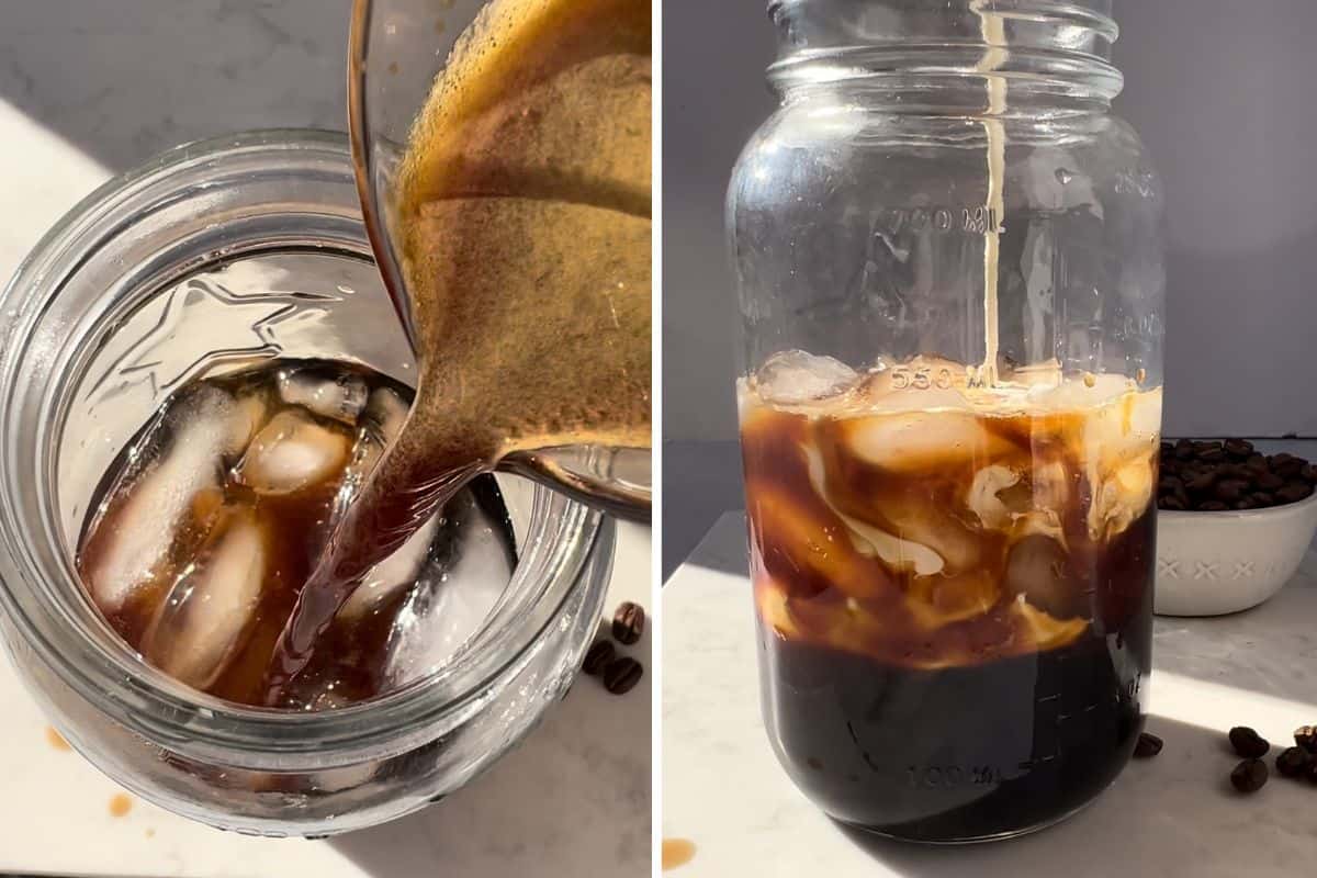 two images of pouring espresso into a shaker and then pouring heavy cream into an espresso martini in a cocktail shaker