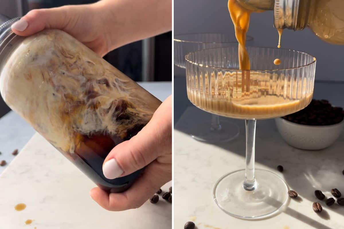 two images of shaking an espresso martini in a cocktail shaker and then pouring an espresso martini into a martini glass