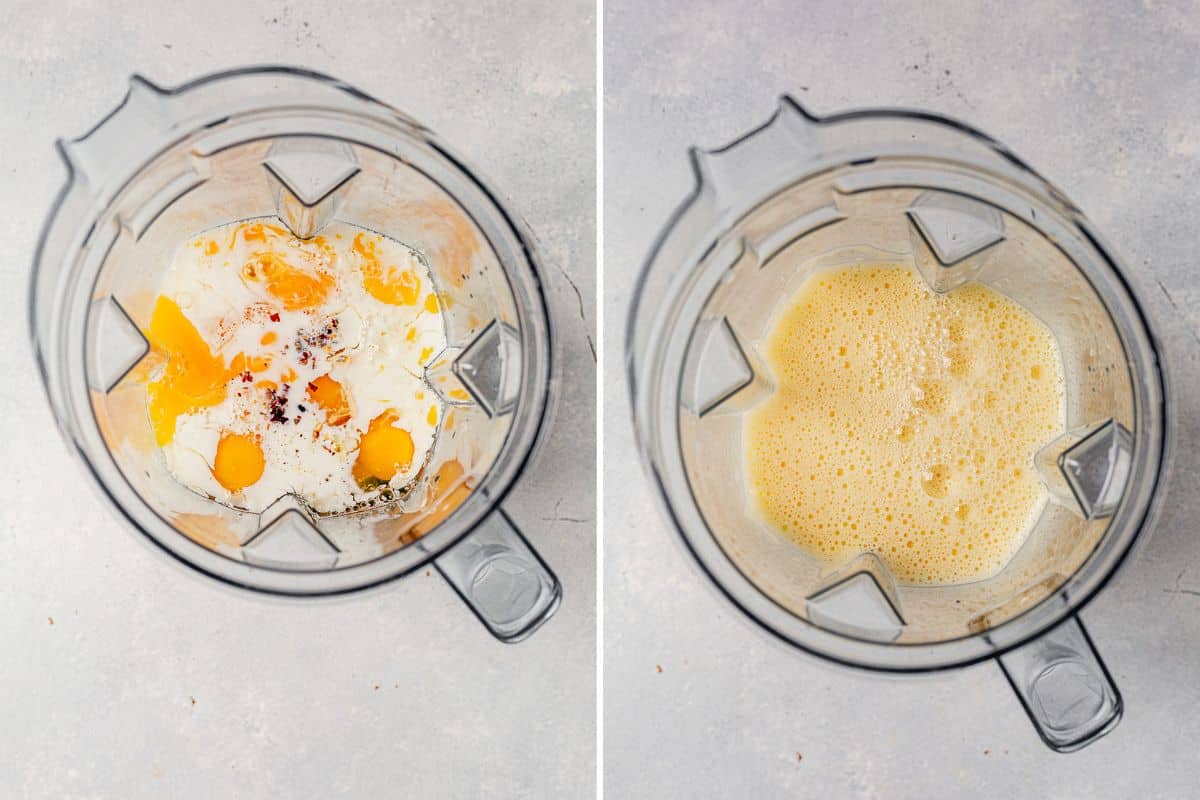 two images of eggs, milk, and spices in a blender and then blended raw scrambled eggs