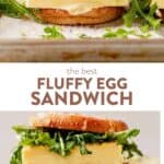 a fluffy egg topped iwth arugula sandwiched between toasted buns and then two fluffy egg sandwiches stacked on top of each other