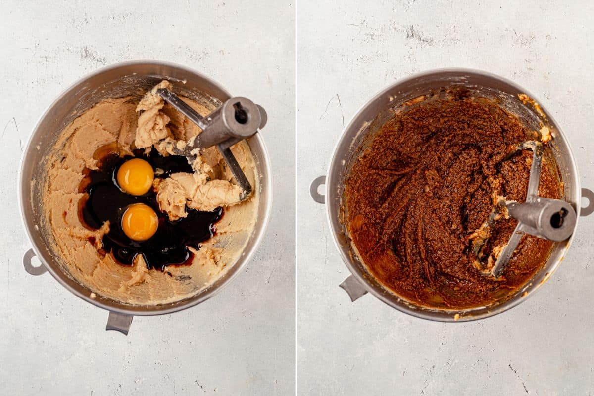 two images of molasses and eggs with butter and sugar and then gingerbread cookie dough wet ingredients in a bowl