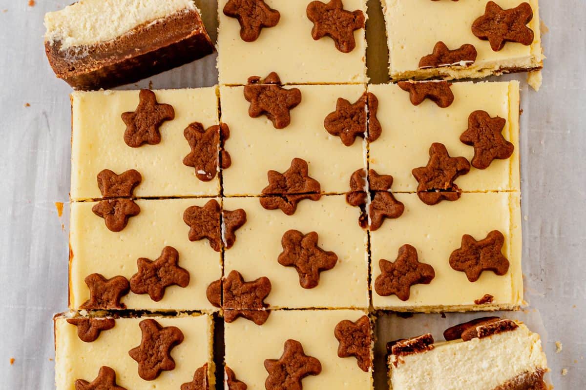 chilled gingerbread cheesecake bars cut into squares
