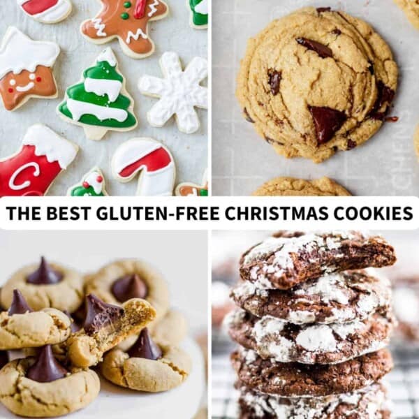 four images of gluten free cutout cookies, oat flour cookies, gluten free peanut butter blossoms, and gluten free crinkle cookies