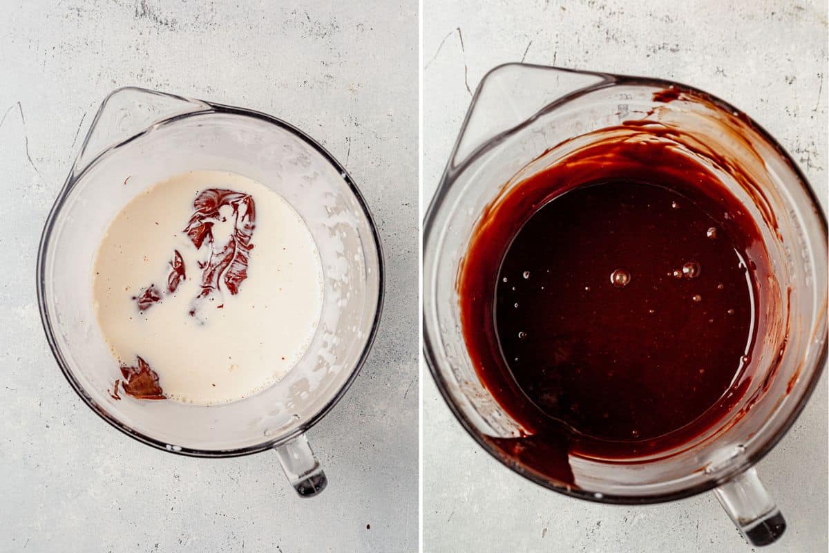 two images of chocolate and heavy cream in a bowl and them mixed chocolate ganache in a bowl