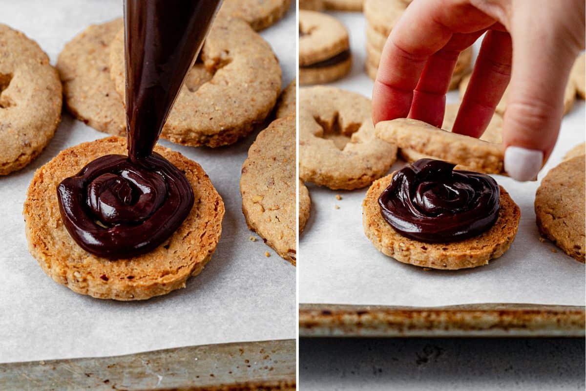 two images of chocolate ganache piped on a hazelnut shortbread cookie and then sandwiching the ganache in two cookies