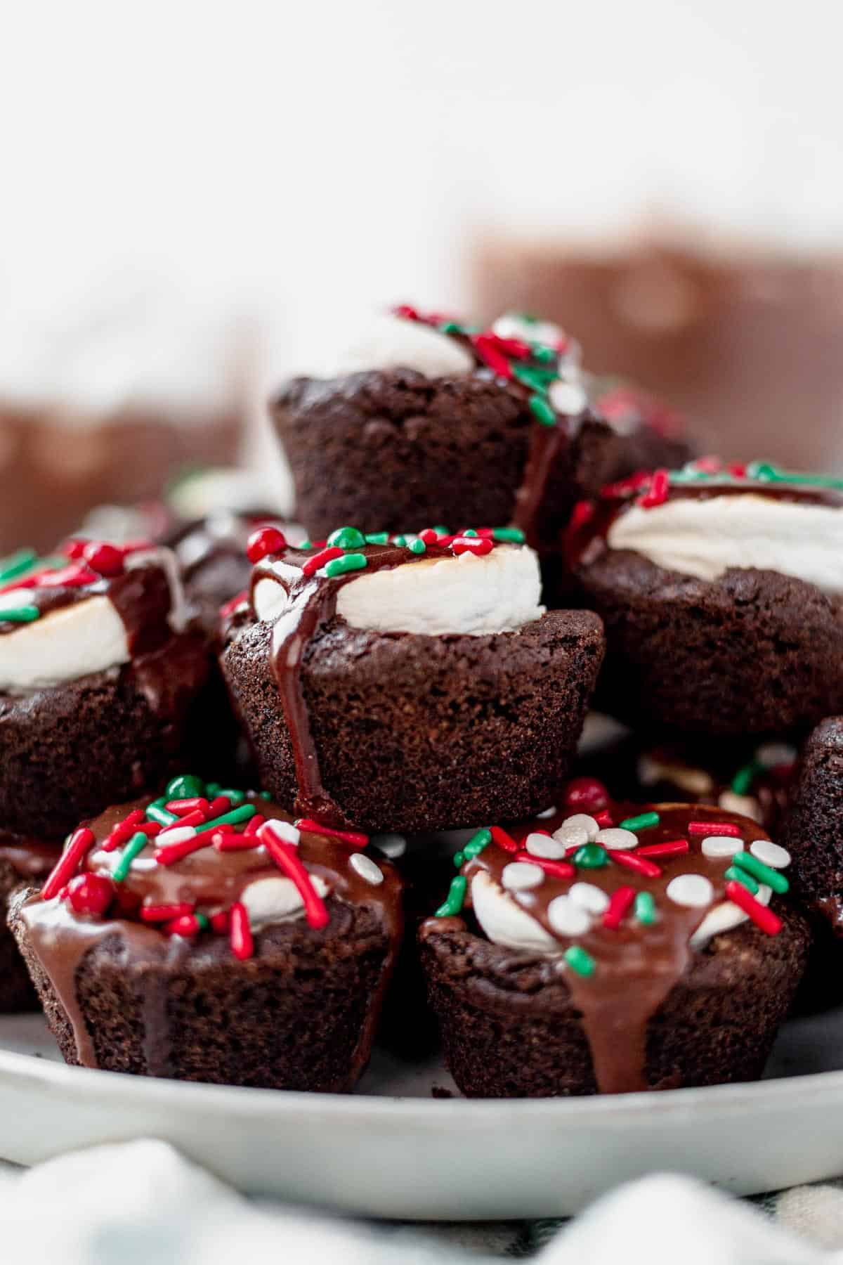 a stack of hot cocoa cookies on a plate with chocolate ganache.