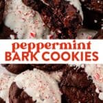 two images of a peppermint bark cookie broken in half and then a tray of peppermint bark cookies stacked together