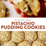 two images of a pistachio pudding cookie broken in half and then a tray of pistachio pudding cookies