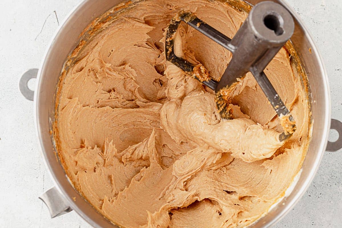 butter, sugar, and peanut butter beaten in a bowl