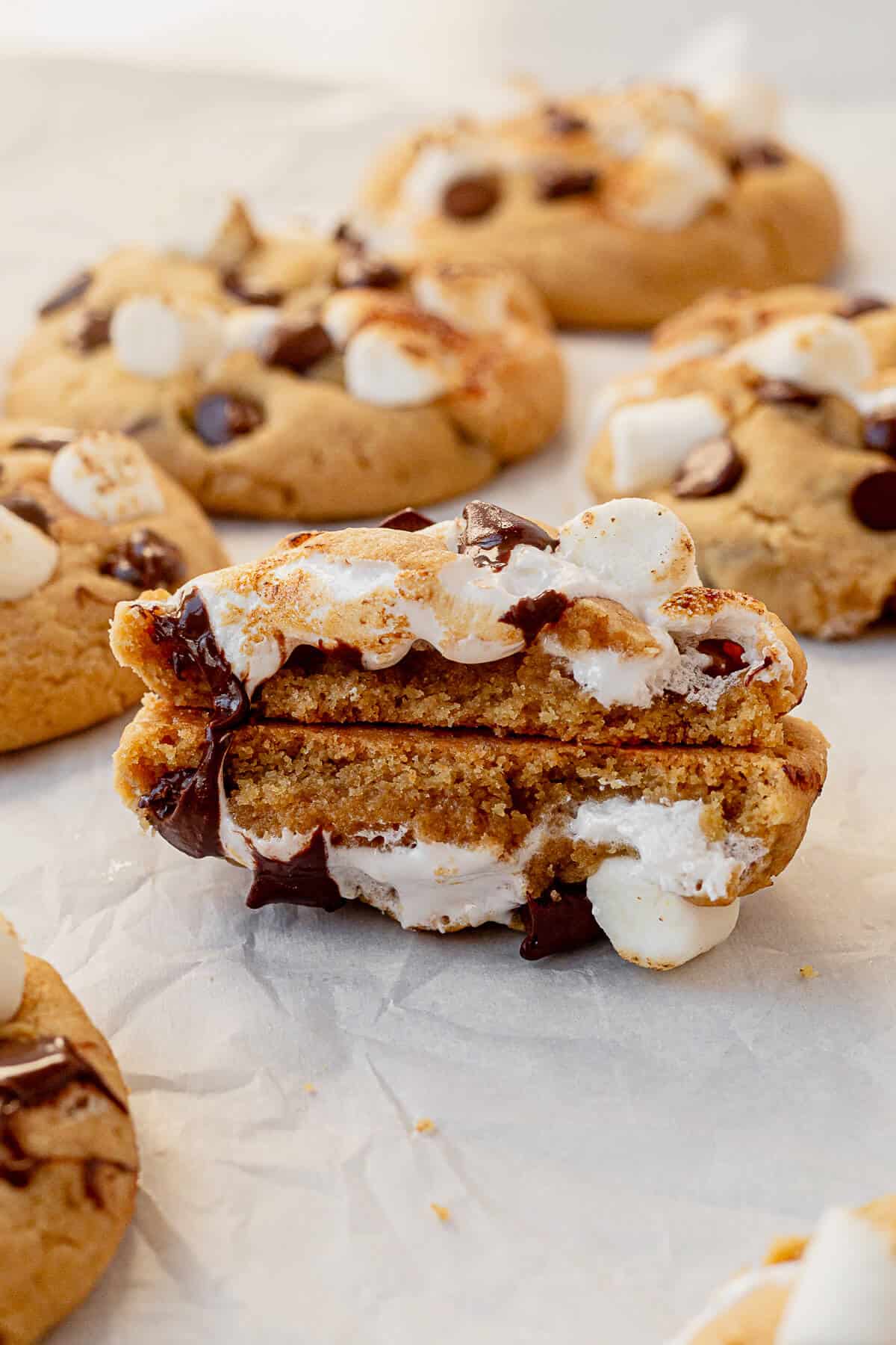 gooey toasted marshmallow and chocolate chips inside a peanut butter pudding cookie