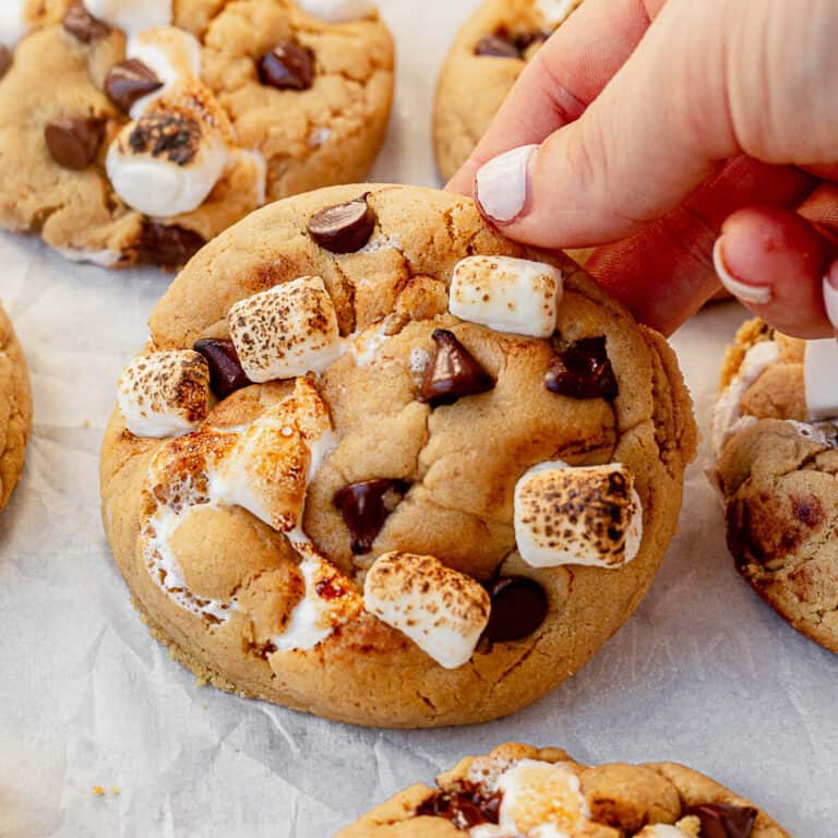 picking up a toasted marshmallow peanut butter pudding cookie