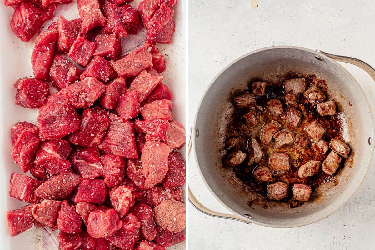 two images of stew meat seasoned with salt and then stew meat seared in a pot