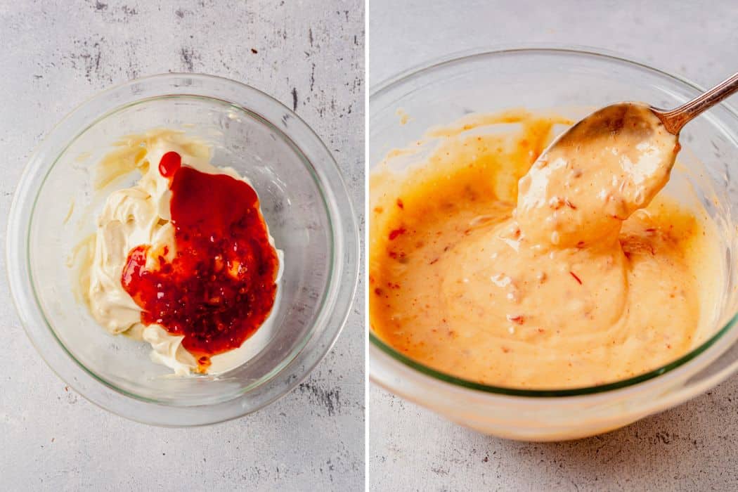 two images of bang bang sauce ingredients and then bang bang sauce mixed with a spoon