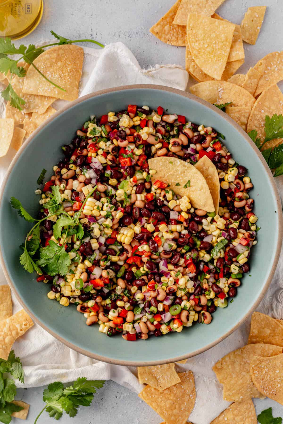 a large bowl of corn and black bean dip with tortilla chips