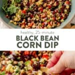 black bean corn salsa served in a large turquoise serving bowl and then a hand dipping into black bean corn salsa with a tortilla chip