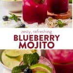 two tall glasses of ice with blueberry mojito, fresh blueberries and sprigs of mint on a counter with fresh mint, lime wedges and ice cubes and then an aerial view of a tall glass of ice, blueberry mojito topped with sprig of mint, lime wedge, and blueberries