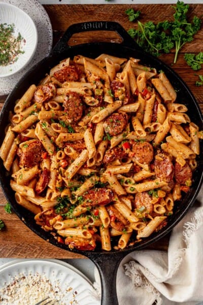 Creamy Alfredo Cajun Sausage Pasta with Peppers