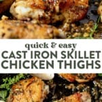 spoon putting garlic and fresh herb butter over cast iron skillet chicken thighs and then baked easy chicken thighs in a cast iron skillet