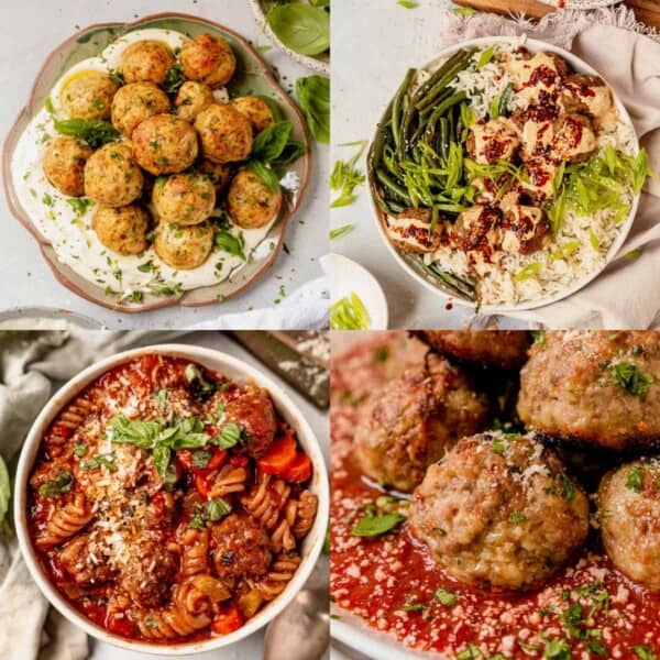 four images of meatball dinners