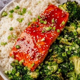 honey sriracha salmon with green onions, rice, and broccoli