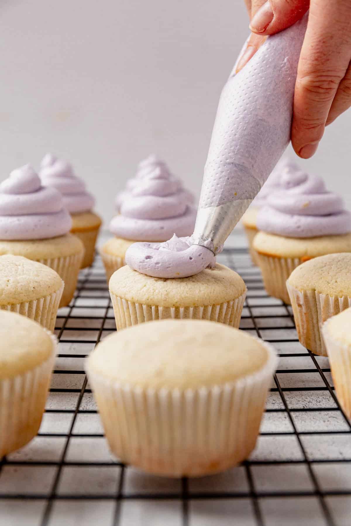 piping honey buttercream on top of a lavender cupcake